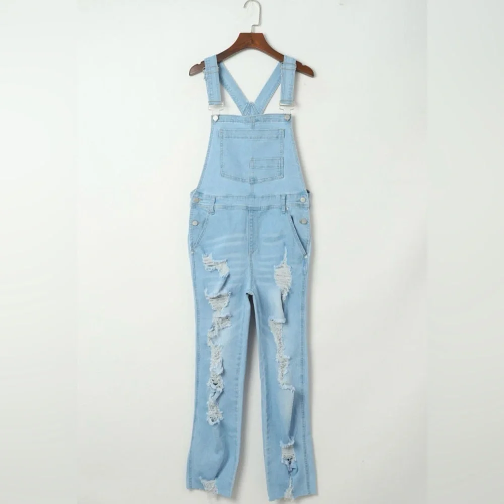 Women's Light Blue Distressed Denim Overalls - Picture 7 of 16
